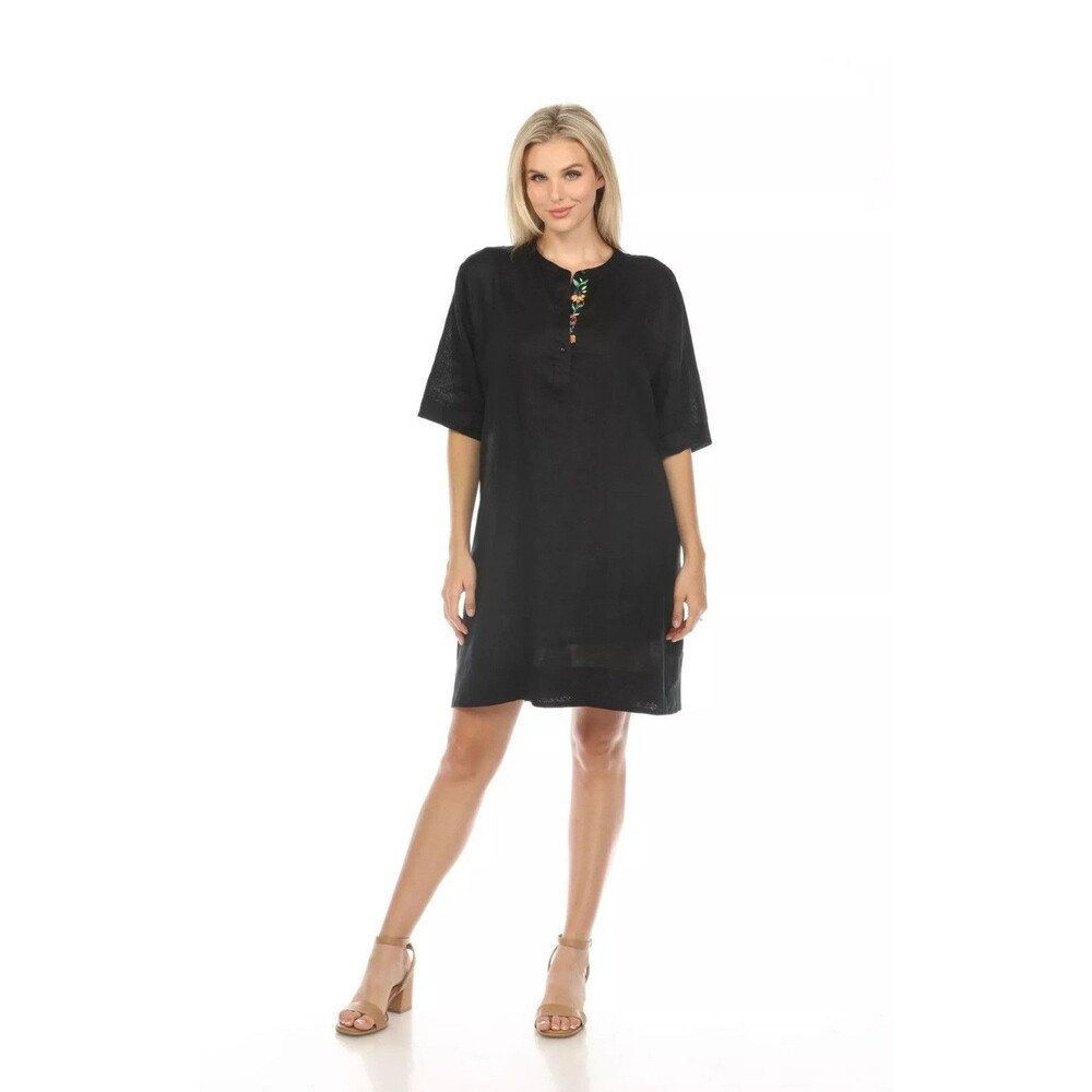 Johnny Was Calme Black Linen Polo Dress With Mandarin Collar Boho Chic O31108 M